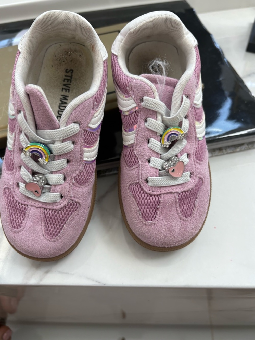 Steve Madden Kids Pink Suede & Mesh Sneakers with Rainbow Charms